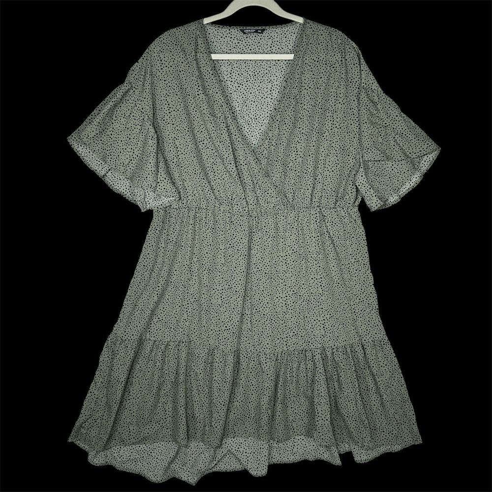 SHEIN Curve 3XL Green Dalmatian Print Dress Ruffle Flutter Sleeve Boho Romantic